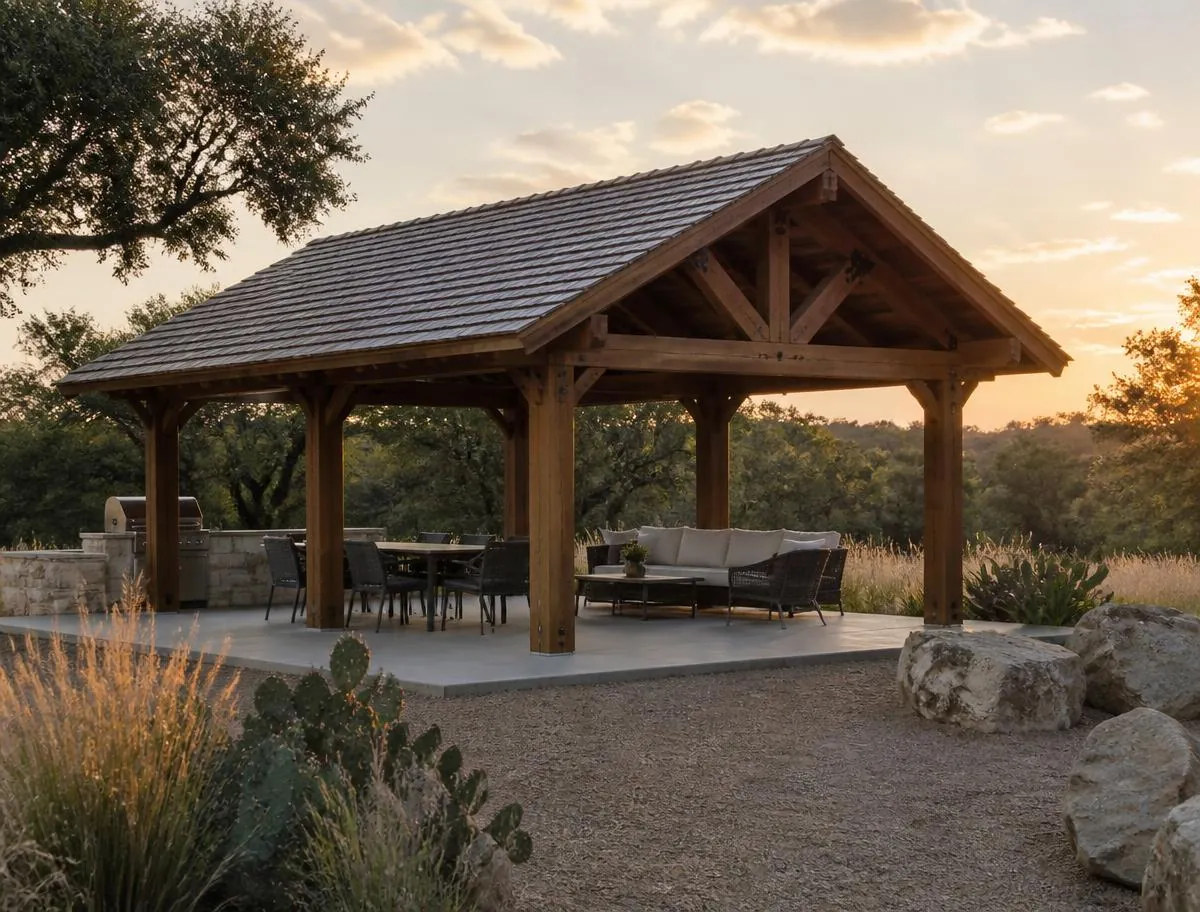 Timber pavilion with a covered roof in a Texas landscape at golden hour